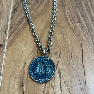 21” Silver Robe Chain with Native American Silver and Blue Metal Pendant